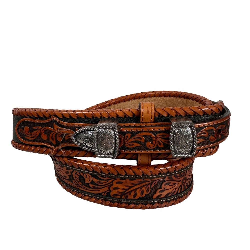 Brown Leather belt western black tooled stitching Silver Buckle cowboy cowgirl